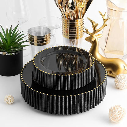 EI 60pcs Black Plastic Plates,Black and Gold Plastic Plates Disposable,Fancy Heavy Duty 10" Dinner & 7" Dessert Plate for Party,Birthday,Anniversary,Wedding,Afternoon Tea,Business Events,Banquets