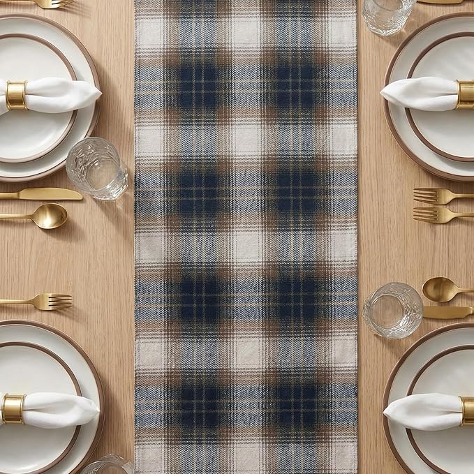 Artoid Mode Dark Blue Brown Farmhouse Plaid Table Runner, Winter Rustic Holiday - Image 5