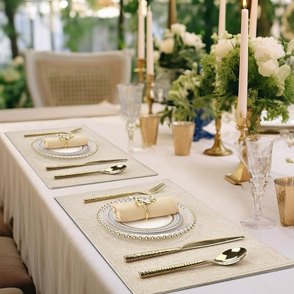 SLKQG Beige Linen Placemats Set of 8, Heat Resistant & Machine Washable Double-Layered Cloth Placemats for Dining Table, Indoor/Outdoor Use, Wrinkle-Free and Non-Slip Kitchen Table Mats (8, Beige)