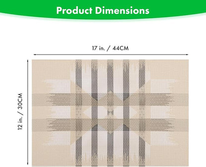 Winknowl Placemats Set of 4, Heat Resistant Stain Resistant Woven Vinyl Insulation Place mats, Durable Washable Elegant Table Mats for Kitchen Dining Table Decor (Geometric Beige)