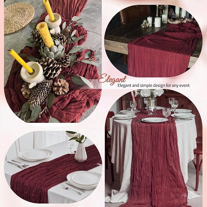 4 Pcs Burgundy Christmas Cheesecloth Table Runner 10Ft, Gauze Table Runners - Image 4