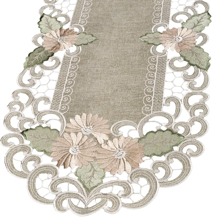 LINENS ART AND THINGS Embroidered Table Runner Gold Daisy Fleur Latte Dresser - Image 4