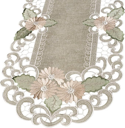 Embroidered Gold Daisy Fleur Latte Table Runner, Dresser Scarf, Coffee Table - Image 4