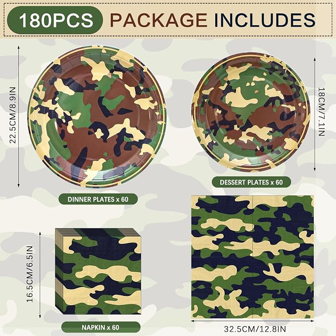 180PCS Camo Paper Plates and Napkins Party Supplies Serve 60, | Disposable - Image 2