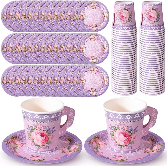 Nuogo 200 Pcs Floral Paper Tea Cups and Saucers 7 oz Disposable Paper Teacups by Nuogo