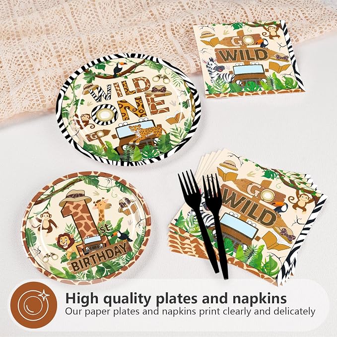 96 Pcs Wild One Birthday Animal Themed Party Supplies, Serves 24 | Jungle - Image 3