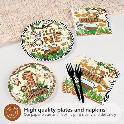 96 Pcs Wild One Birthday Animal Themed Party Supplies, Serves 24 | Jungle - Image 3