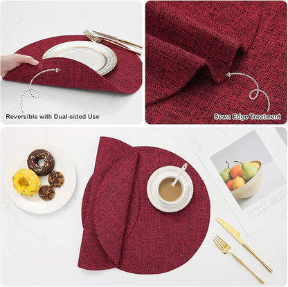 homing 15 Inch Round Cloth Placemats Set of 6, Cotton Linen Blend Washable Table Mats, Farmhouse Dining Place Mats for Indoors & Outdoors, Easy to Clean, Red