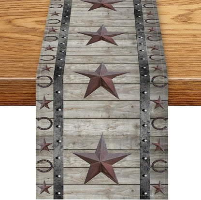 Western Texas Table Runner, ustic Farmhouse Grey Wooden Stars Hoof Cowboy by Unknown