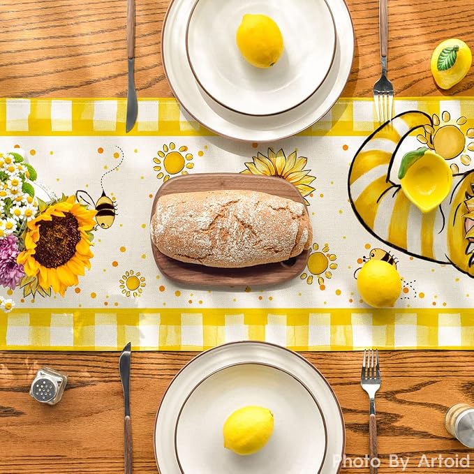 Artoid Mode Yellow Buffalo Plaid Sunflower Gnome Bee Summer Table Runner - Image 3