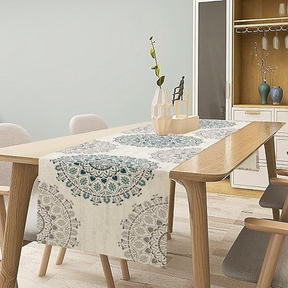 Boho Flower Table Runner, Bohemian Turquoise Mandala White Teal Floral Kitchen - Image 2