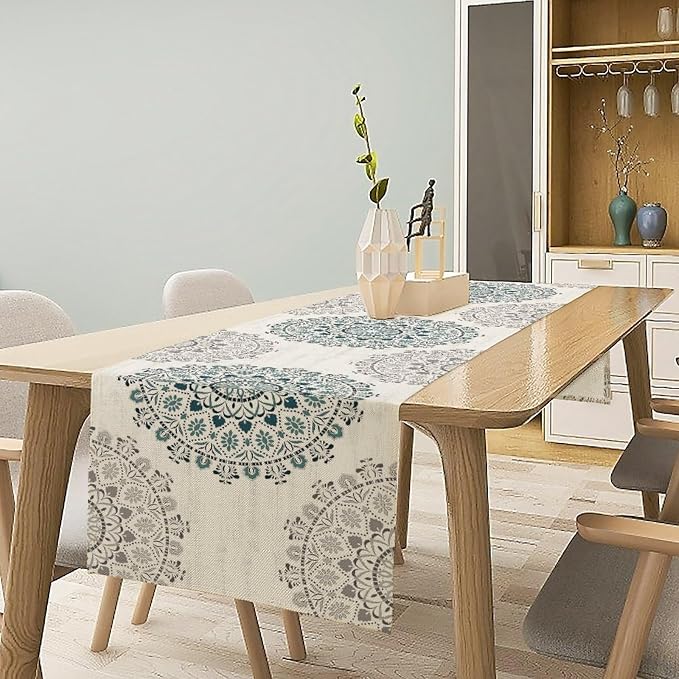 Boho Flower Table Runner, Bohemian Turquoise Mandala White Teal Floral Kitchen - Image 2