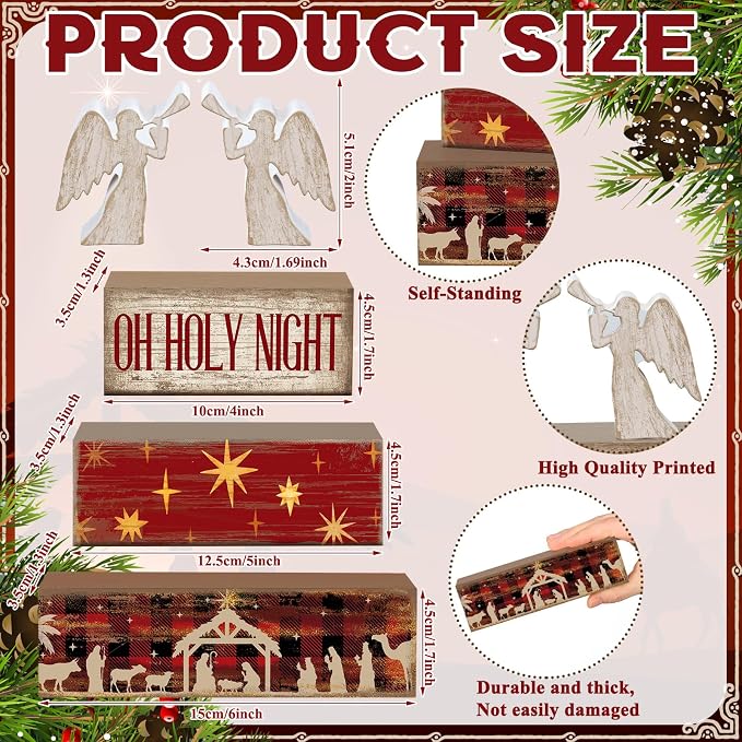 Moucuny 4 Pcs Wooden Christmas Nativity Tiered Tray Decor Rustic Wood Angel - Image 2