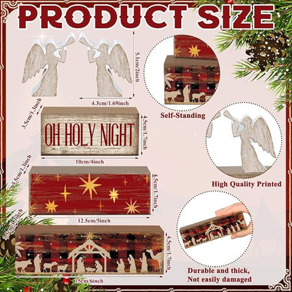 Moucuny 4 Pcs Wooden Christmas Nativity Tiered Tray Decor Rustic Wood Angel - Image 2