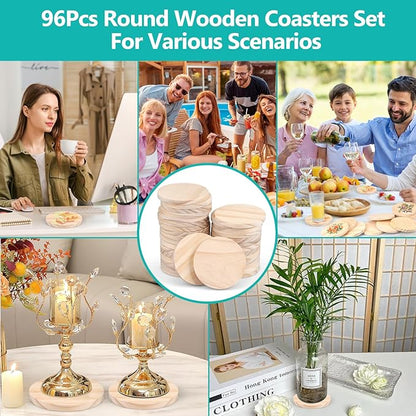 Adrattnay 96Pcs Unfinished Wood Coasters, 4" Round, Beige Pine Wood Drink Coasters with Non-Slip Dot for Tabletop Protection
