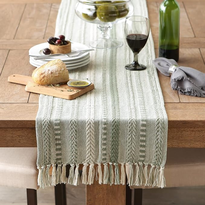 DII Farmhouse Braided Stripe Table Runner Collection, Artichoke Green - Image 4