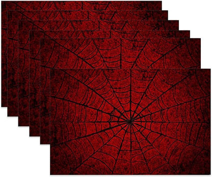 Cloth Placemats,Red Spider Web Fabric Placemats Set of 6,Washable Gothic Table Mats,Decorative Place Mats for Dining Home Kitchen Holiday Party 11.8x17.7 Inch