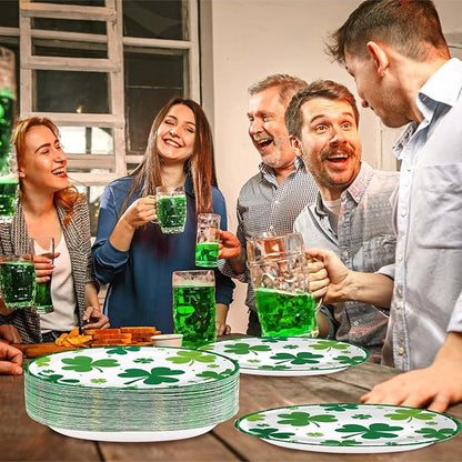 50Pcs St. Patrick’s Day Oval Paper Plates 10" x 12" Large Heavy Duty Disposable Spring Green Irish Shamrock Dessert Platters Lucky Clover Plates for Summer Holiday Festival Party Supplies Decoration