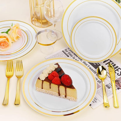BESTSTAR 7 Inch White with Gold Rim Plastic Plates,100PCS Disposable Dessert/Appetizer/Small Cake Plates,Heavy Duty Plate Ideal for Christmas, Wedding and Birthday