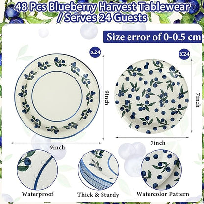 48 Pcs Blueberry Harvest Plates Set Include 9 Inch and 7 Inch Spring Watercolor Disposable Plates Summer Decorative Dinner Birthday Party Tableware for Baby Shower Party Supplies