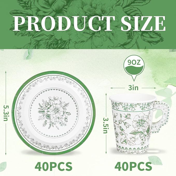 Whaline 80 Pcs Green White Floral Paper Tea Cups and Saucers Porcelain - Image 2