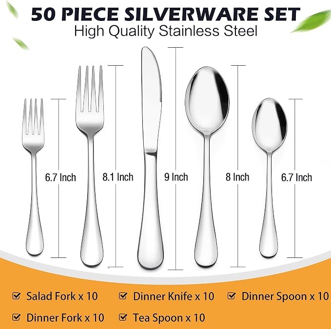 LIANYU 50 PCS Silverware Set for 10, Stainless Steel Cutlery Set | Flatware - Image 2