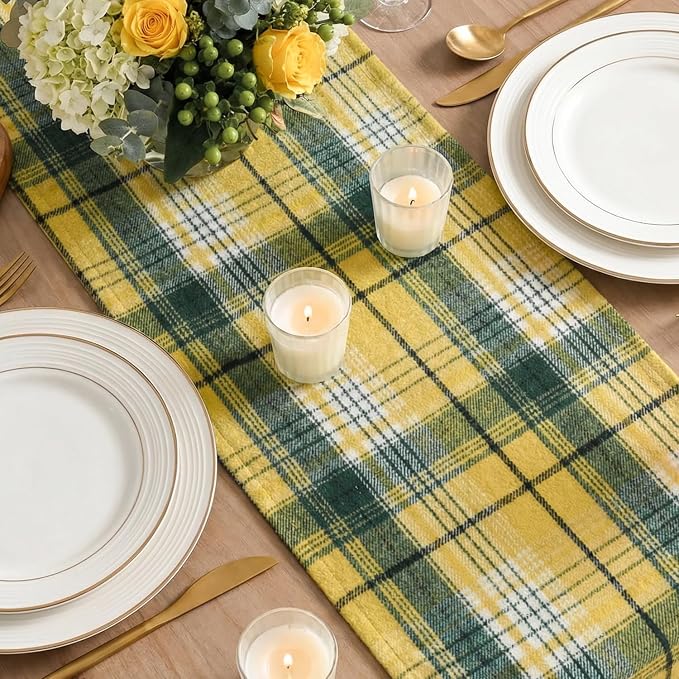 Artoid Mode Yellow Green Farmhouse Plaid Spring Table Runner, Winter Rustic - Image 4