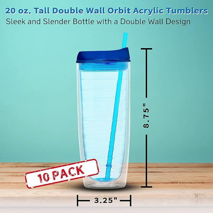 DISCOUNT PROMOS Tall Orbit Acrylic Tumblers 20 oz. Set of 10, Bulk Pack - Perfect for Iced Coffee, Soda, Other Hot & Cold Beverages - Blue