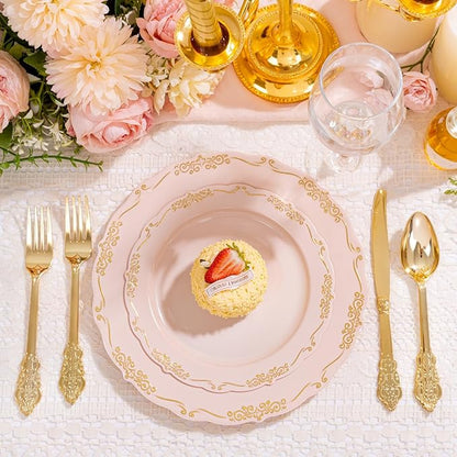 DaYammi 150Pcs Pink Plastic Plates with Gold Rimmed & Gold Silverware,Pink Disposable Plates for Party Include 30 Dinner Plate,30 Dessert Plate,30 Knives,30 Forks,30 Spoons for Valentine's Day Party