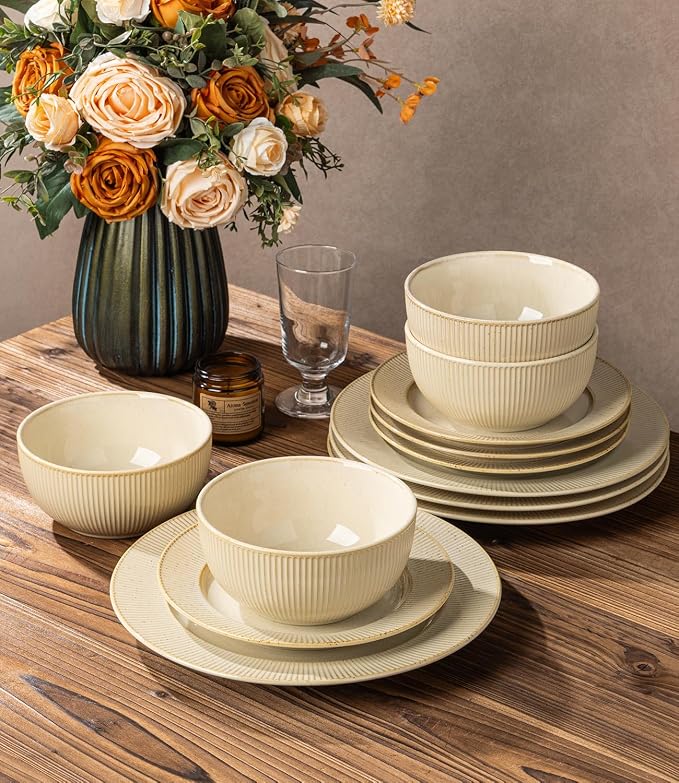 Ceramic Dinnerware Set for 4, 12-Piece Plates and Bowls Set | Lightweight - Image 5