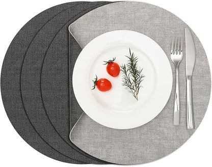 Myir JUN Reversible Vinyl Round Placemats Set of 4, Faux Leather Place Mats Dual Sided Waterproof Oilproof Wipeable, Heat-Resistant Table Mats for Kitchen Dining Indoor Outdoor (14", Light Gray Gray)