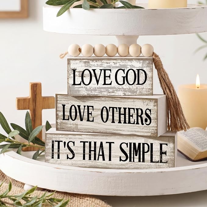 Moucuny 4 Pcs Christian Table Decor Rustic Wooden Block Sign Set - Image 2
