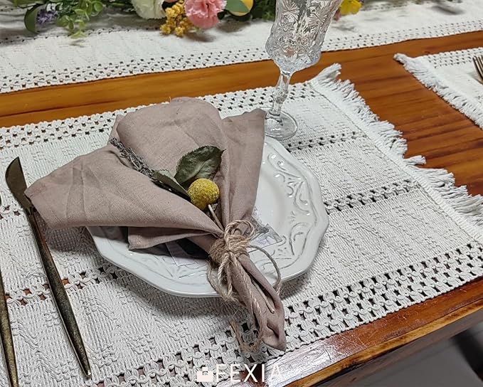 Beige Boho Placemats Set of 6 Table Mats Farmhouse Home Dining Decor | 12x20" - Image 5