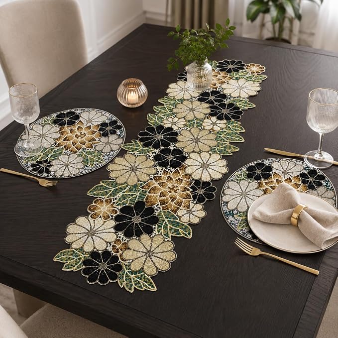 Beaded Table Runner Decore 36 inches Long Christmas Flower Design Beaded Table - Image 7