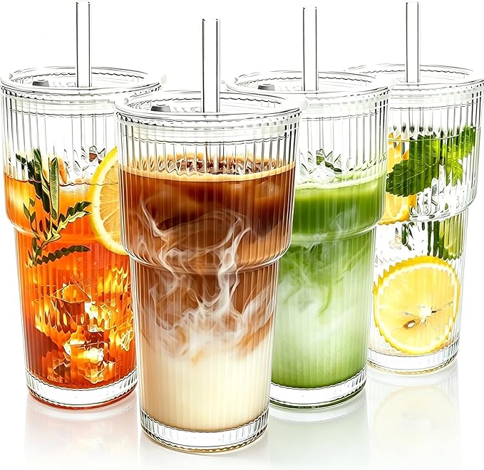 4PCS 20oz Glass Cups with Lids and Straws, Iced Coffee Cups with Lids, Stylish by WelcomeToColnic