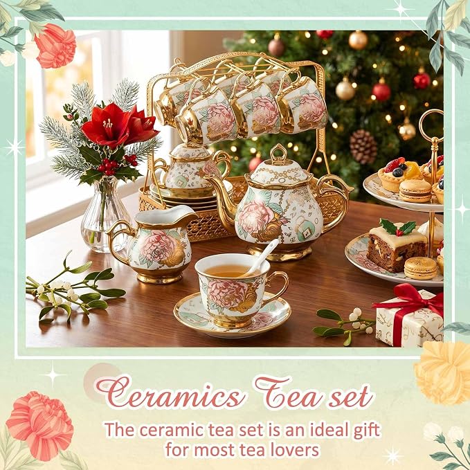 22 Pcs Porcelain Tea Set with Metal Holder, Vintage European Floral Tea Set - Image 5