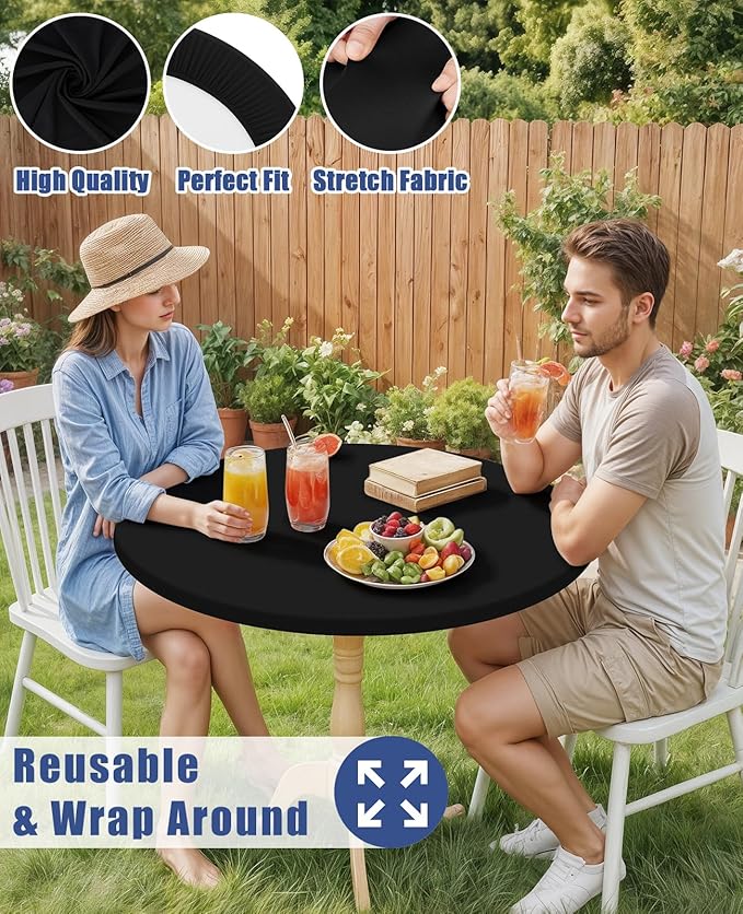 Round Spandex Tablecloth 2 Pack, Elastic Fitted Waterproof Tablecloths for 57"-68" Tables, Stretch Washable Picnic Table Cover for Camping, Dining, Indoor and Outdoor, Black