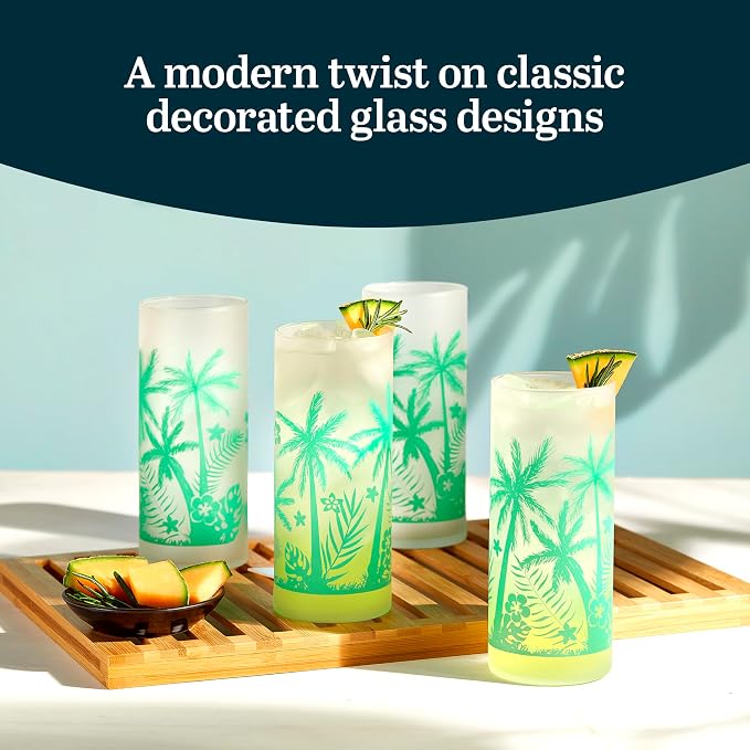 Libbey Vintage Palms Drinking Glasses Set of 4, Retro Palm Tree Design Glass - Image 2