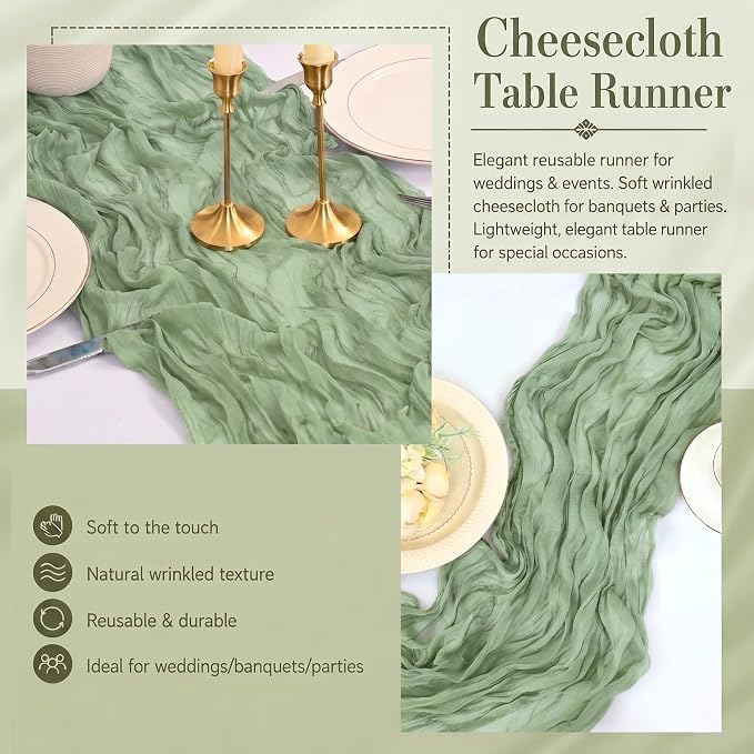 2 Pack Sage Green Cheesecloth Table Runner 17x108 Inch Boho Rustic Semi Sheer - Image 6