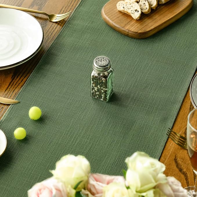 Artoid Mode Dark Green Tassel Table Runner, Linen Blend Rustic Farmhouse Style - Image 7