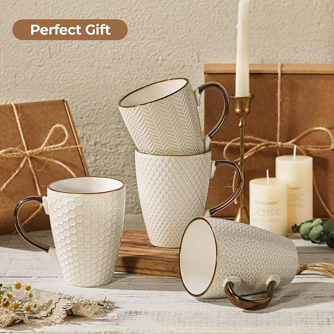 Embossed Ceramic Coffee Mugs Set of 4, 16 Oz | Ceramic Coffee Mug Set - Image 7