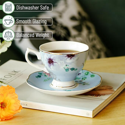 BTaT- Floral Tea Cups and Saucers, 6 Pack, 8 oz | Fine Porcelain Teacup Set - Image 4