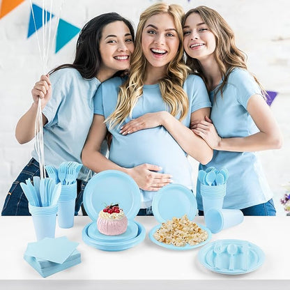 Kochorie 240 Pieces Light Blue Plastic Dinnerware Set Disposable Heavy Duty Plates Napkins Cups Silverware Dessert Dinner Plates for Birthday Wedding Baby Shower Party Supplies, Serves 30 Guests