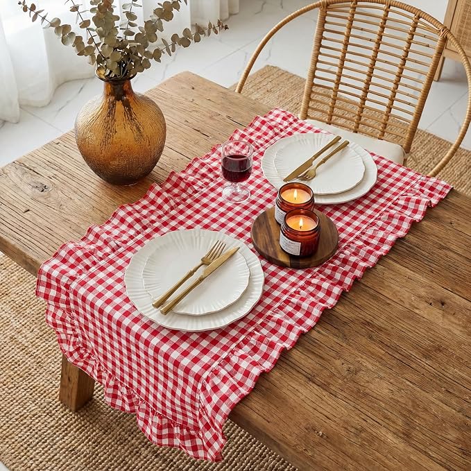 HunnmingRe 1 Pc Gingham Table Runner Red, 118 X 13.8 Inch | Cotton Dresser Scarf - Image 3