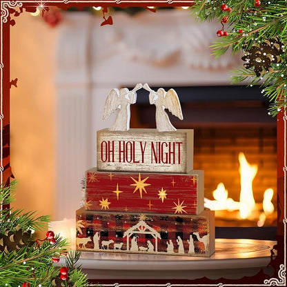 Moucuny 4 Pcs Wooden Christmas Nativity Tiered Tray Decor Rustic Wood Angel - Image 4