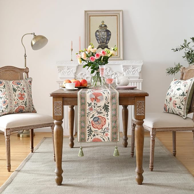 Designer Vintage Linen Table Runner, Floral Pattern, Dining Table, Thanksgiving - Image 3