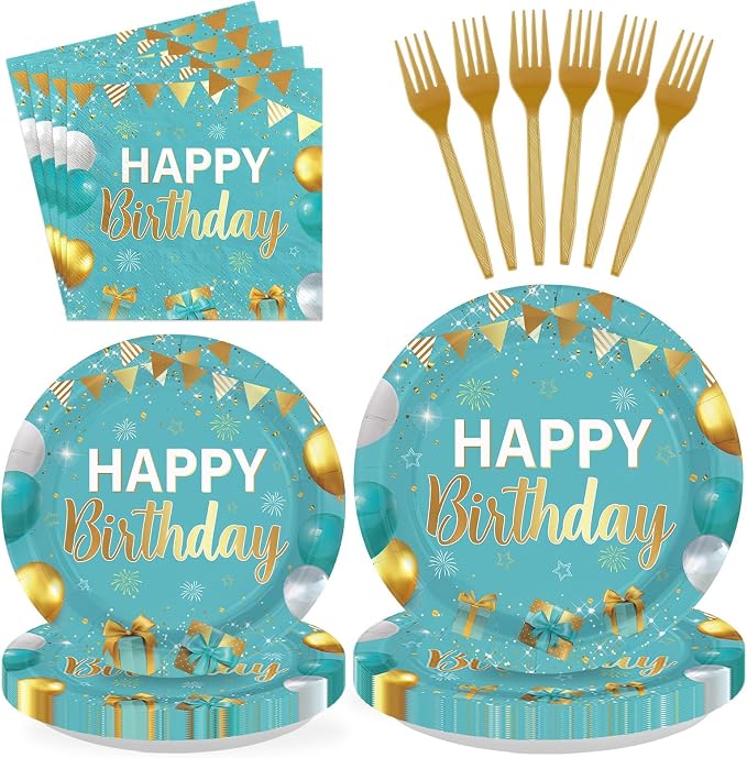 96Pcs Teal Blue Gold Birthday Party Decorations, Serves 24 | Teal Blue Gold by Greencian