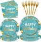 96Pcs Teal Blue Gold Birthday Party Decorations, Serves 24 | Teal Blue Gold by Greencian