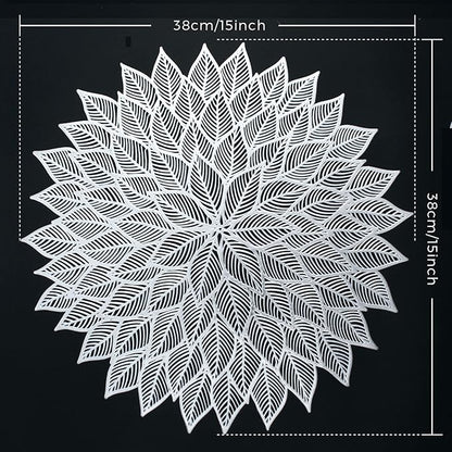 Placemats Set of 4, Round Hollow Out Flowers Place Mats for Dining Table Pressed Vinyl Blooming Leaf Table Mats for Holiday Party Wedding Accent Centerpiece Dinner Table Decoration (Silver)