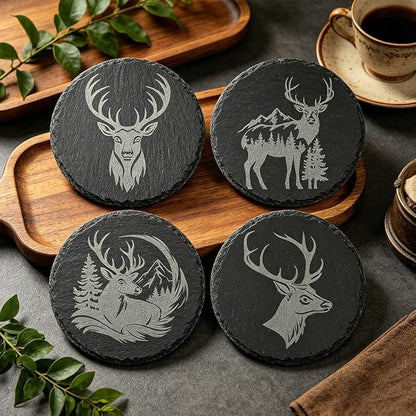 4Pcs Slate Coasters with Deer Pattern, Round 3.94 inch Cup Mats - Image 4